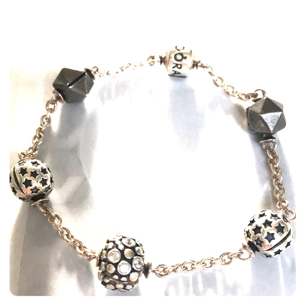 Silver Pandora bracelet and 5 clips